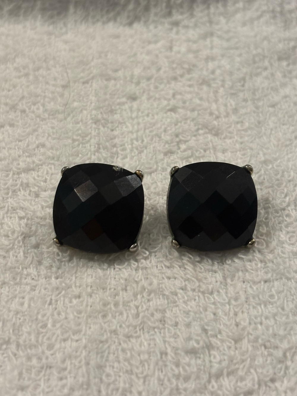 Black Cushion Cut Gemstone Stud Earrings silver tone